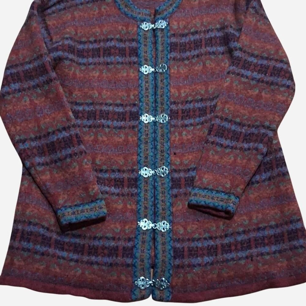 Vintage 100% wool Ann Jordan Cardigan Sweater 2XL Nordic Fair Isle Pewter Clasps